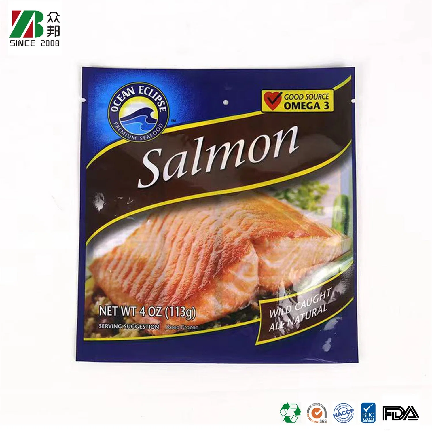 Personalizado Laminado transparente resealable PA/PE pescado congelado pescado pescado marisco langostinos Bolsa de plástico flexible de plástico para el embalaje de camarones