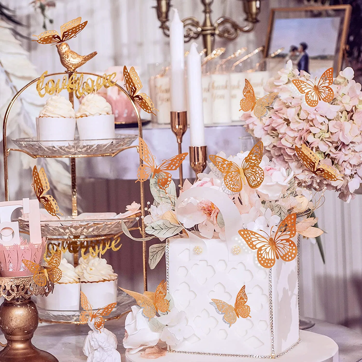 Rose Gold 3D Butterfly Wall Decor 48 PCS 4 Styles 3 Sizes for Baby Show Wedding Home Nursery Classroom Kids Bedroom Bathroom Living Room Decoration