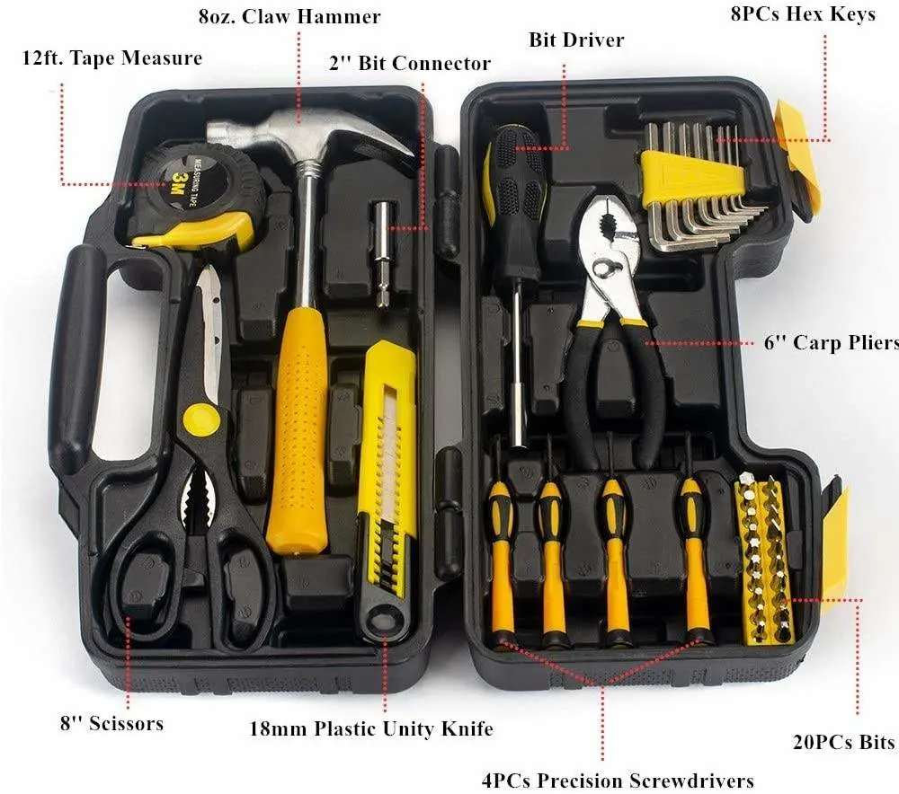 DOZ Atacado baixo preço Yellow Tool Set Repair Use hand Caixa do kit de ferramentas