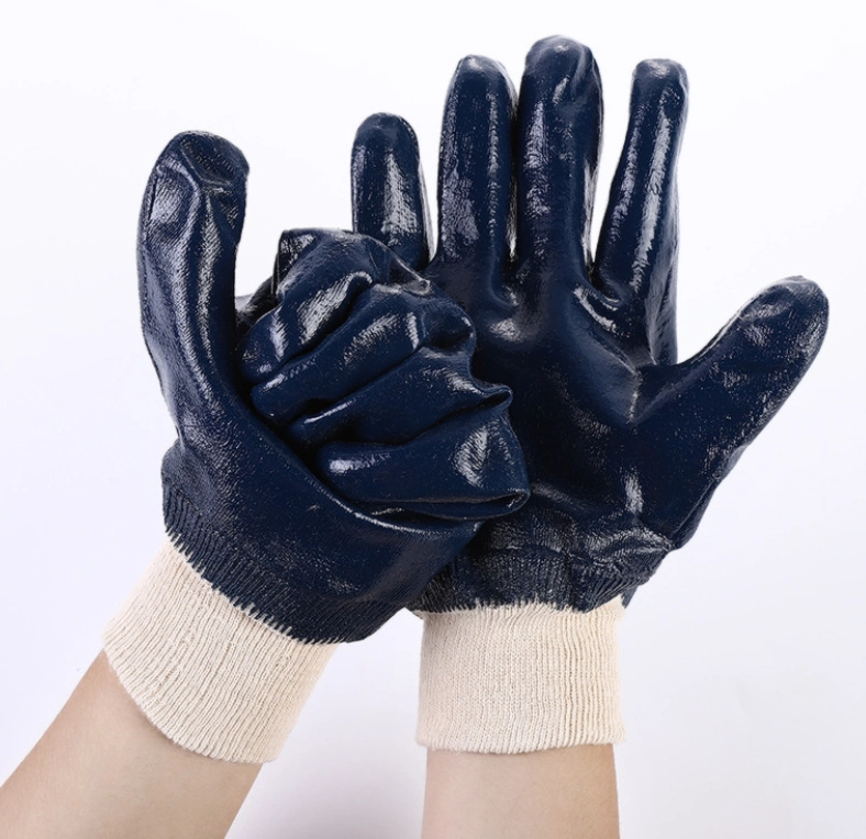 Safetree Heavy Duty Knitted Wrist Blue Nitrile Coated Jersey Cotton Liner Gloves Nitrile 3/4 Dipped Gloves PPE Safety Gloves