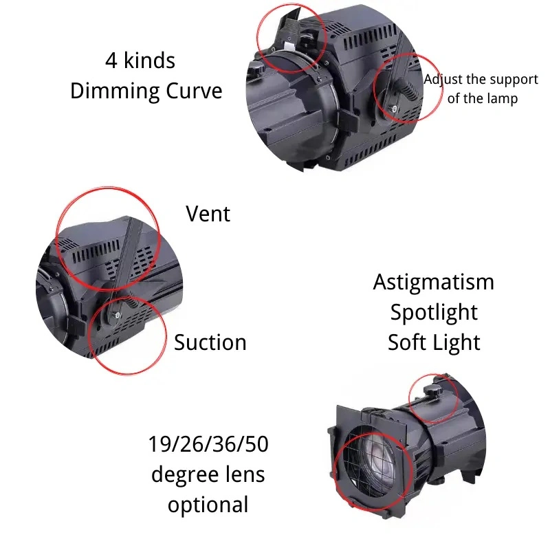 Eclairage de scène professionnel à zoom manuel 300 W, LED, système de cinéma professionnel ellipsoïdal Léger