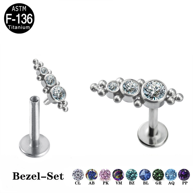 Gzn ASTM F136 Titanium Internally Threaded Lip Ring 2 Tri-Bead Cluster with 3-CZ Stone Clustes Body Jewelry Labret