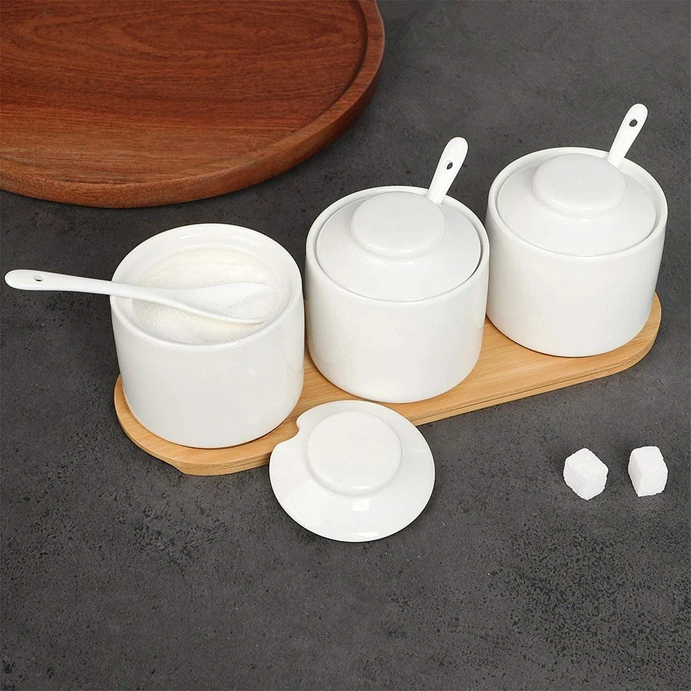 Porcelain Condiment Jar Set of 3 Spice with Tray Ceramic Condiment Pot Spoon and Lid Seasoning Box Sugar Bowl 8oz