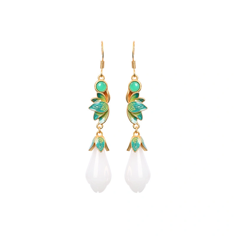 Chinese Design Cold Enamel Craft Jade Retro Earrings