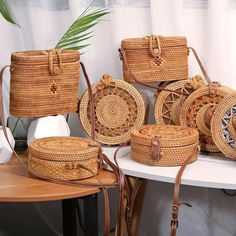 Bolsa Hobo Mini-bolsa artesanal de vime Natural Saco Vintage Palha mulheres pega redonda Ring