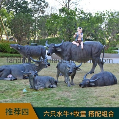 Simulated Shepherd Boy Riding Buffalo Sculpture Ornaments Cattle Outdoor Garden Landscape Farming Decoration Large Fake Animal Model