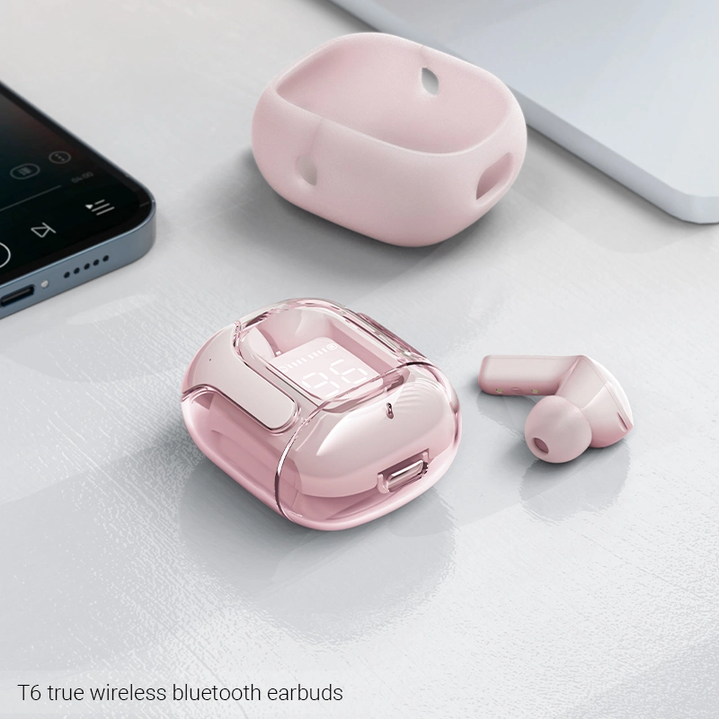 Acefast T6 Tws Wireless Bluetooth 5.2 fones de ouvido Earbuds in-ear música estéreo ligando Fone de ouvido com painéis translúcidos de estojo de carregamento - cor de rosa