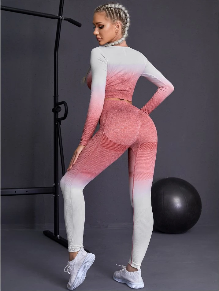 Women Long Sleeve Crop Top + Workout Clothes Fitness Bra Outfit Active Wear Gym Suits Sport High Waist Leggings Seamless Yoga Set Wear