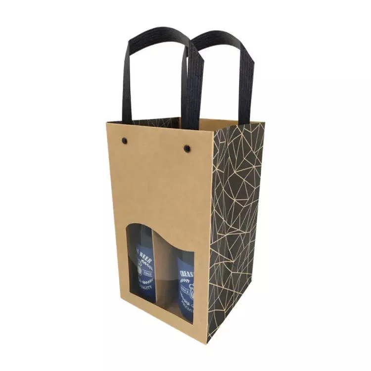 Brown Kraft Beer Bottle Paper Bag with Plastic Handle