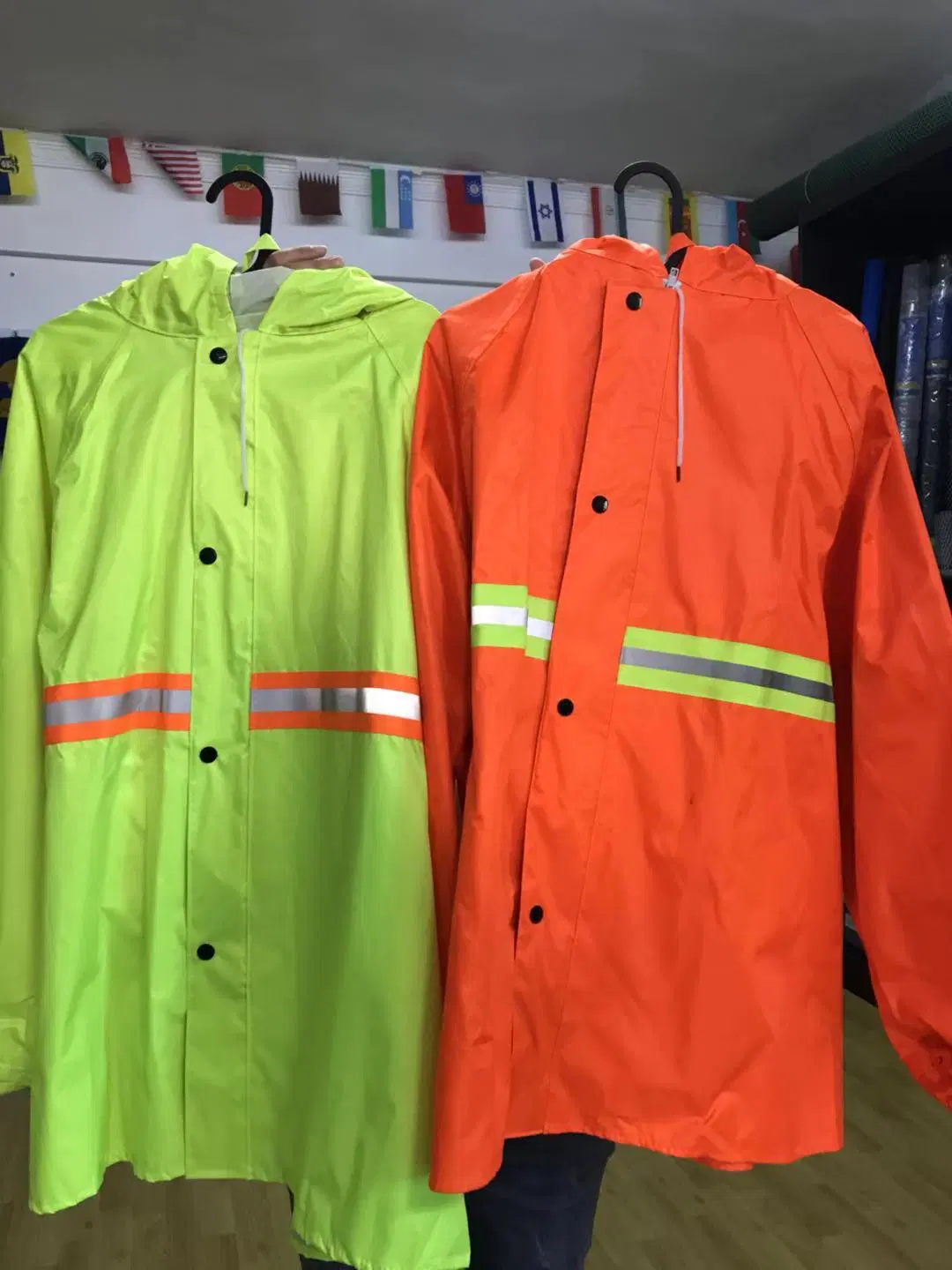 Orange Color PVC Raincoat Men Adult Reflective Strips Long Raincoat