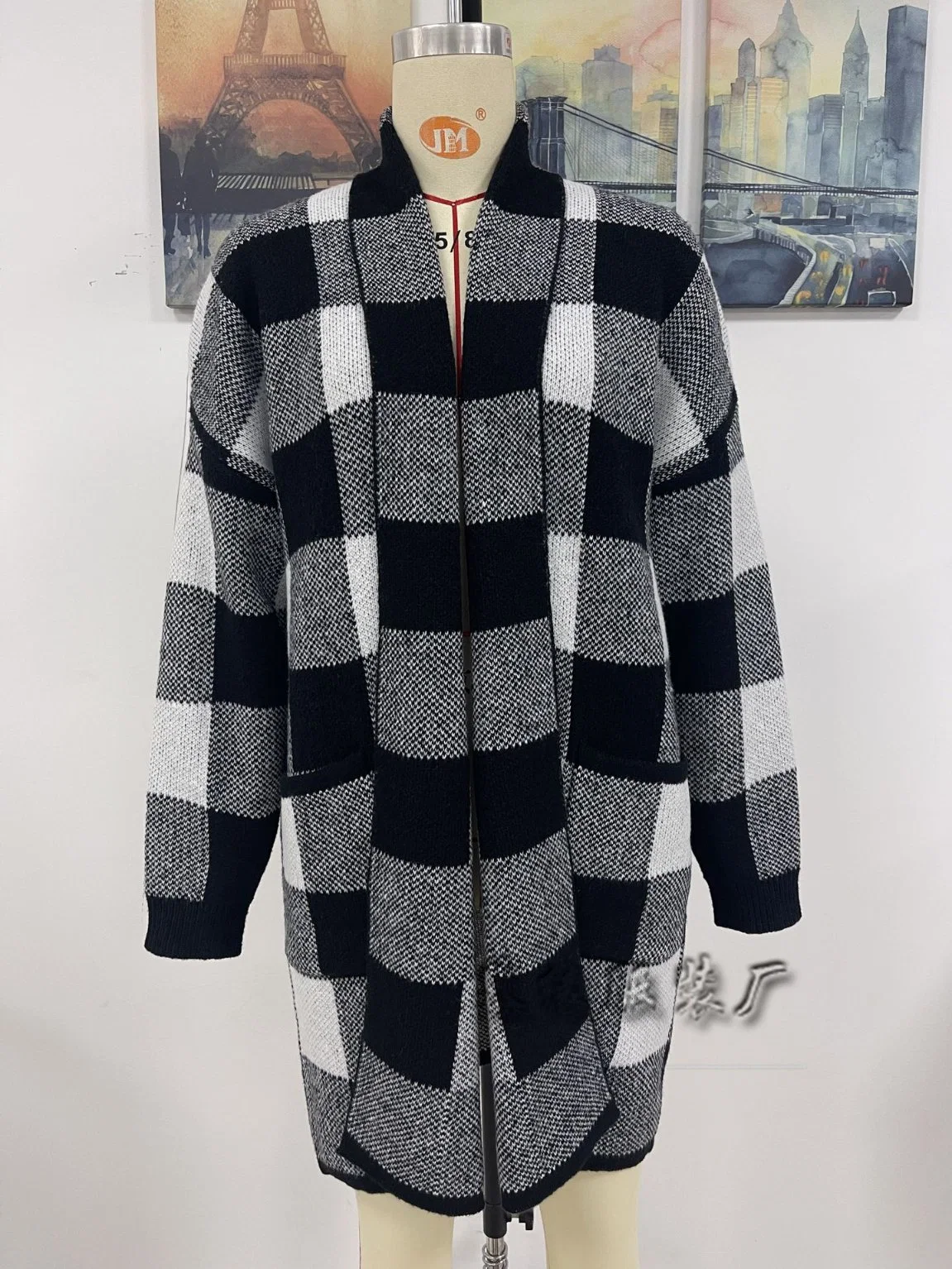 Nouveau manteau pour femme, cardigan tricoté ample à carreaux et couleurs.