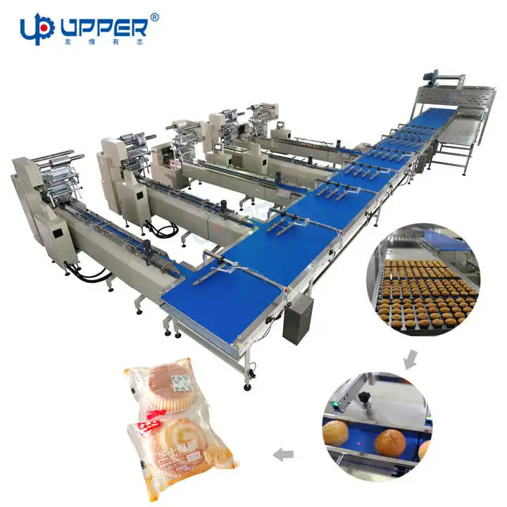 Large Automatic Production Conveyor Counter Collection Packing Machine Cupcake Bread Biscuit Chocolate Upper Factory Flow Pillow Horizontal Packaging Line
