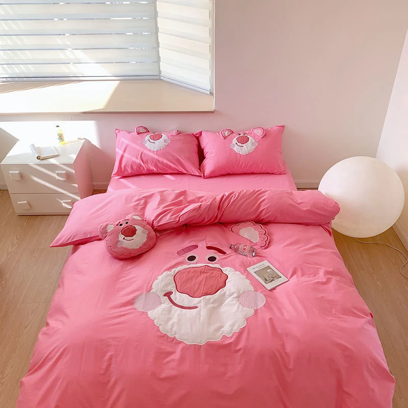 Cute Strawberry Bear Cartoon Embroidery Comforter Duvet Cover 100% Washed Cotton Red Coverlets Kids' Home Textile Queen Size Bedding Set Supplier