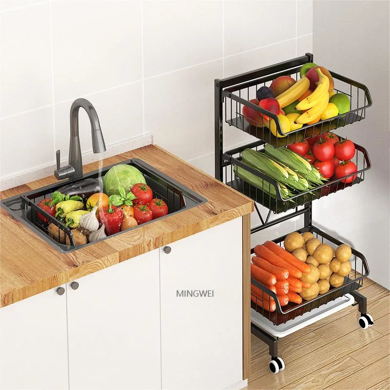 Mingwei moderne empilable acier inoxydable durable 5 niveaux cuisine rotative Étagères de stockage de fruits à légumes rack avec roulettes