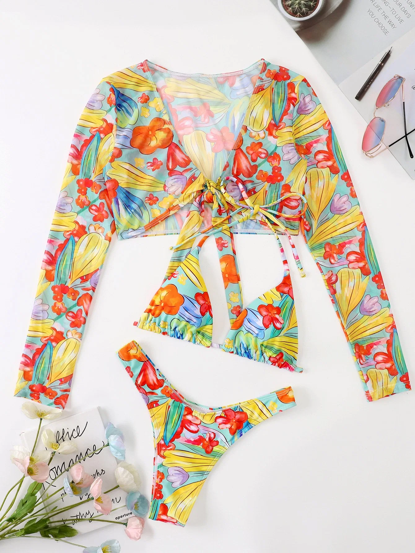 2022 New Low MOQ 3 Piece Luxury Bikini Floral Swimwear Long Sleeve Swimsuits