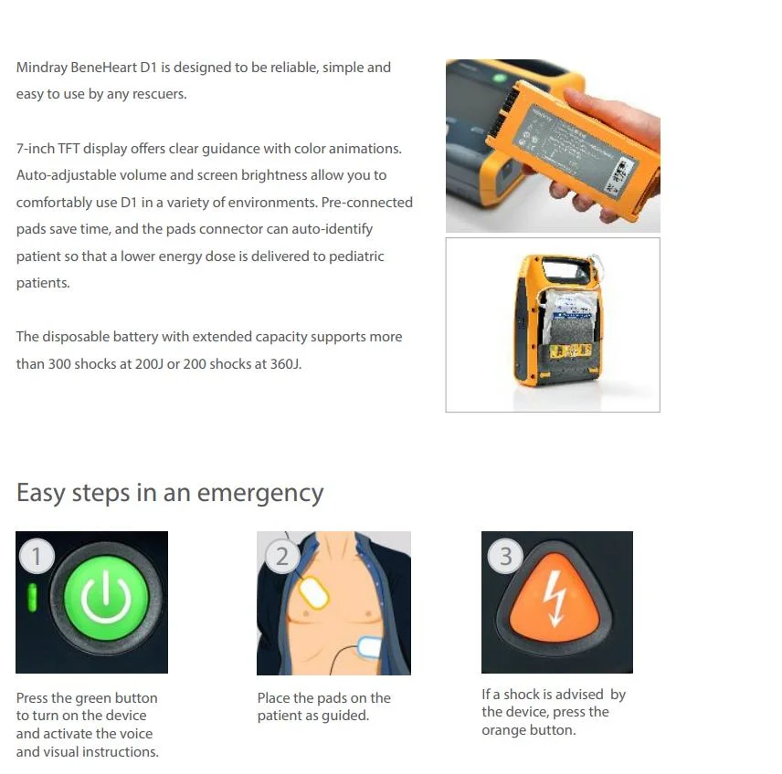 Secouriste portable Biphasic AED USI médical automatisé externe Mindray Défibrillateur Beneheart D1