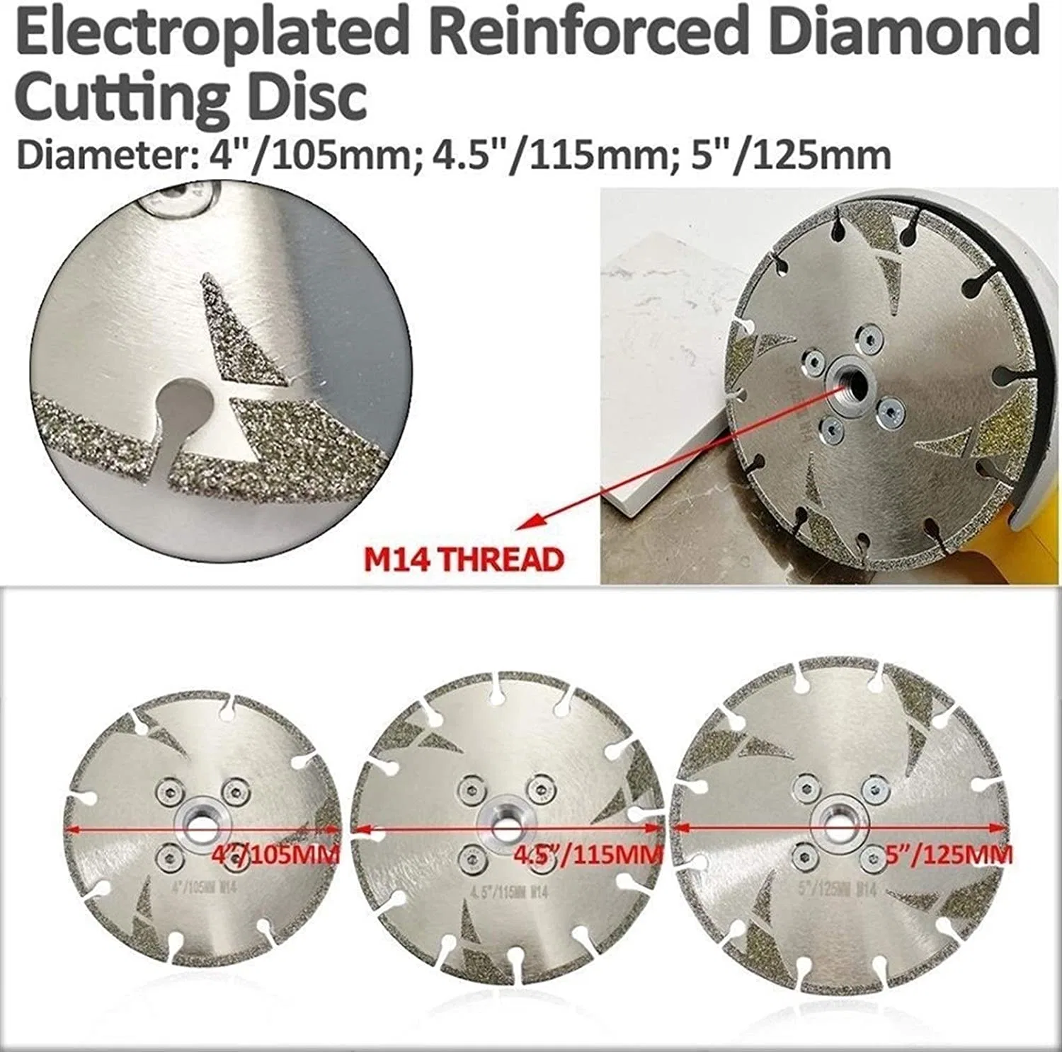 شفة قرص الطحن المصقول Diamond قص بحجم 5 بوصات طراز M14 مع حماية أدوات مكونات الجهاز مطلية باللون الفضي لشفرة ماسية الشكل بطول 125 مم مطلية بالكهرباء