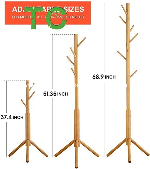 precio de fábrica de madera de bambú Coat Soporte Estante ajustable de 8 Anzuelos 3 chaquetas de abrigo permanente árbol percha