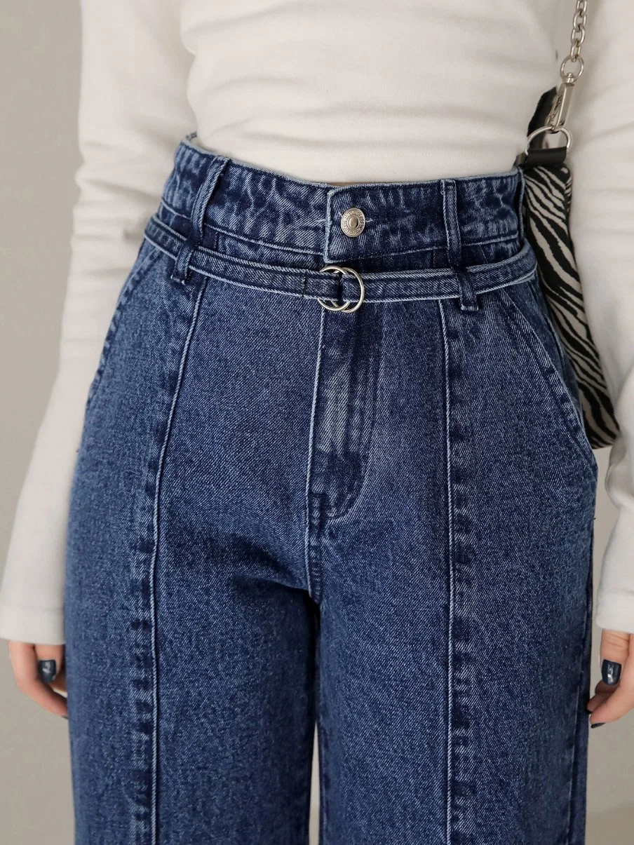 Wide Leg Middle Blue Color with Tape on Waist Cut Seam on Front and Back High Wasited Women Denim Jeans OEM&ODM New Fashion Design