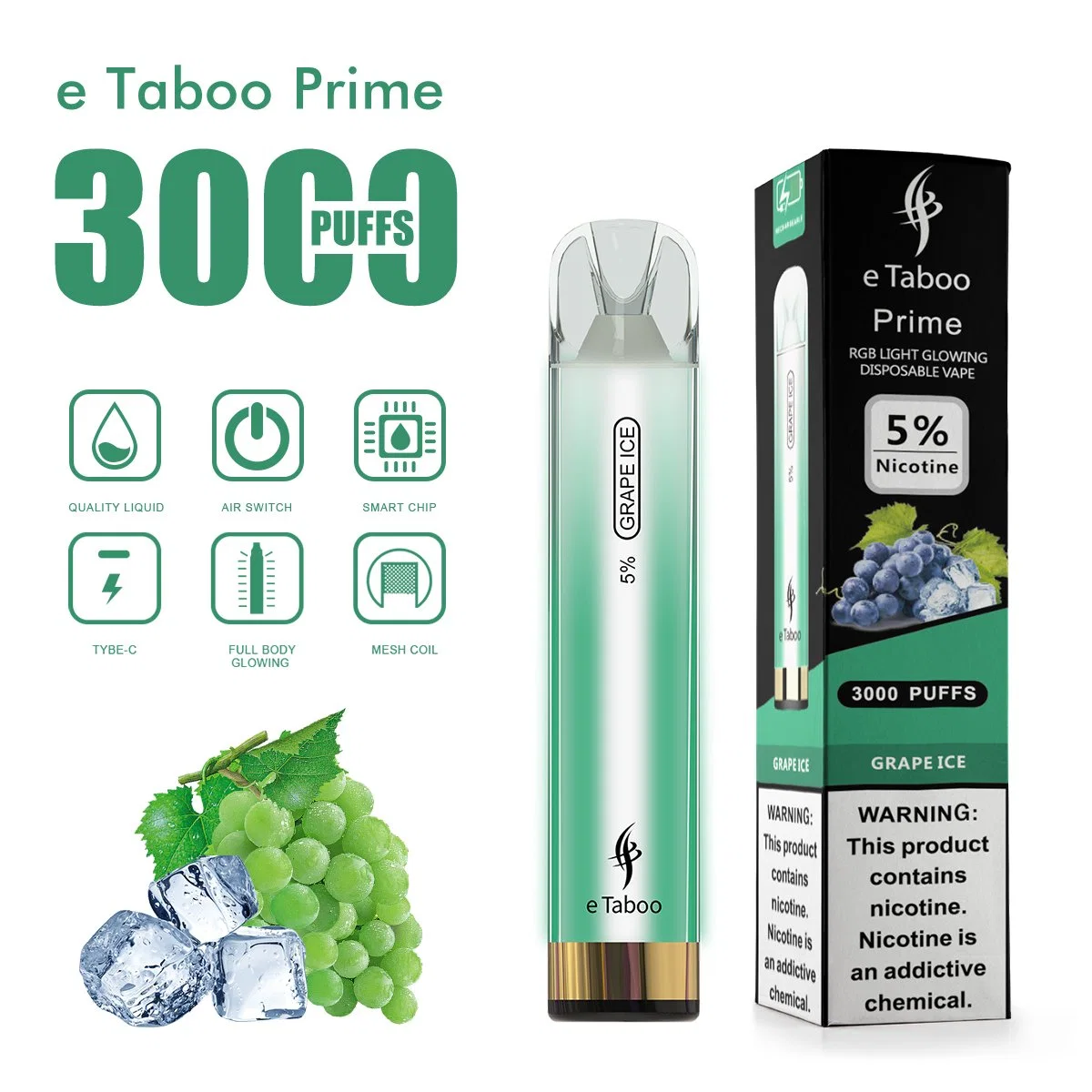 E Taboo Prime 3000 Puffs Mesh Coil Electronic Cigarette Disposable Glow Vape Rechargeable