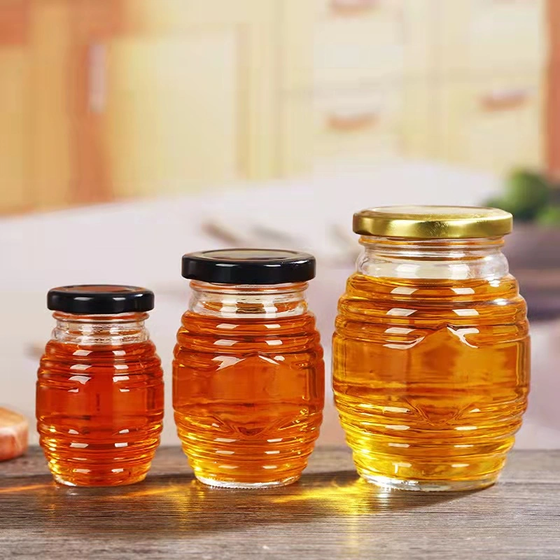 Unique Glass Storage Bottle with Thread Pattern Round 70ml 180ml 380ml 730ml Transparent Honey Jar