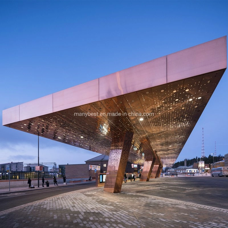 Architectural Modern Public Building Perforated Gold Stainless Steel Mirror Wall Facade and Ceiling