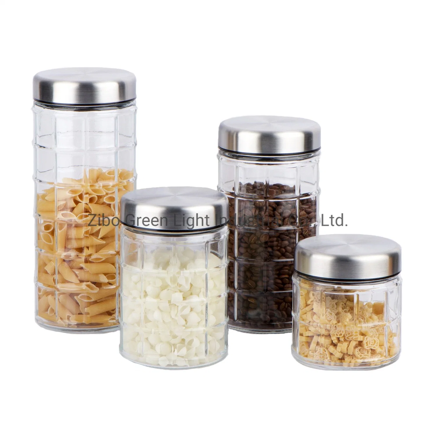 Glass Food Storage for Pasta Coffee Cookie with Embossed Design and Stainless Steel Lid