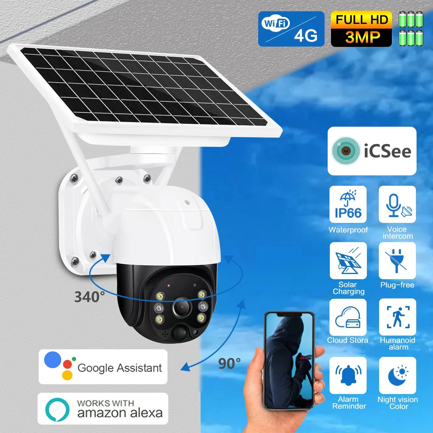 4G SIM Card Solar WiFi IP Camera Smart IP Camera Wireless Security PTZ Camera Built-in Battery PIR Motion Surveillance Tuya Smart Home Security Outdoor Camera