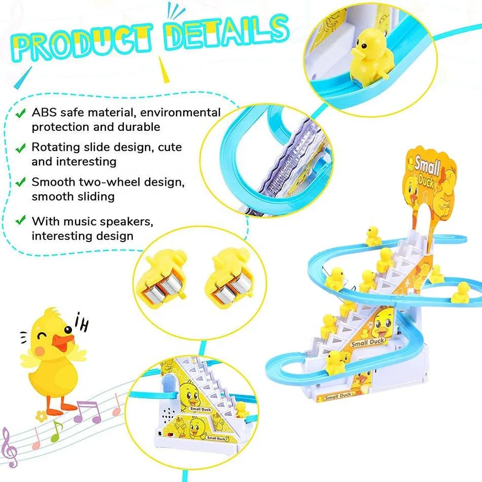 Pista Ferroviária deslizante de brinquedos pedagógicos 9 plástico amarelo pequeno elétrico Duck escalada stair slot Toy Small Duck