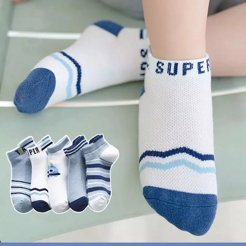 Baby Cartoon Solid Color Stripe Kids Cotton Net Soft Children Blue Boys Ankle Socks