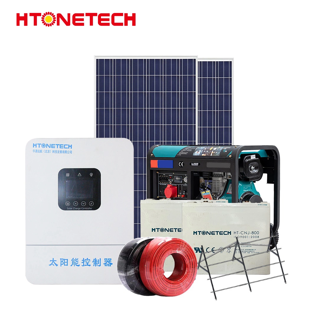 Htonetech Construction Site Monitoring off Grid Solar System China 5kw 10kw 25kw 30W 57kw Mono Solar Panel 480W 50HP Diesel Generator Hybrid Solar System 500 Kw