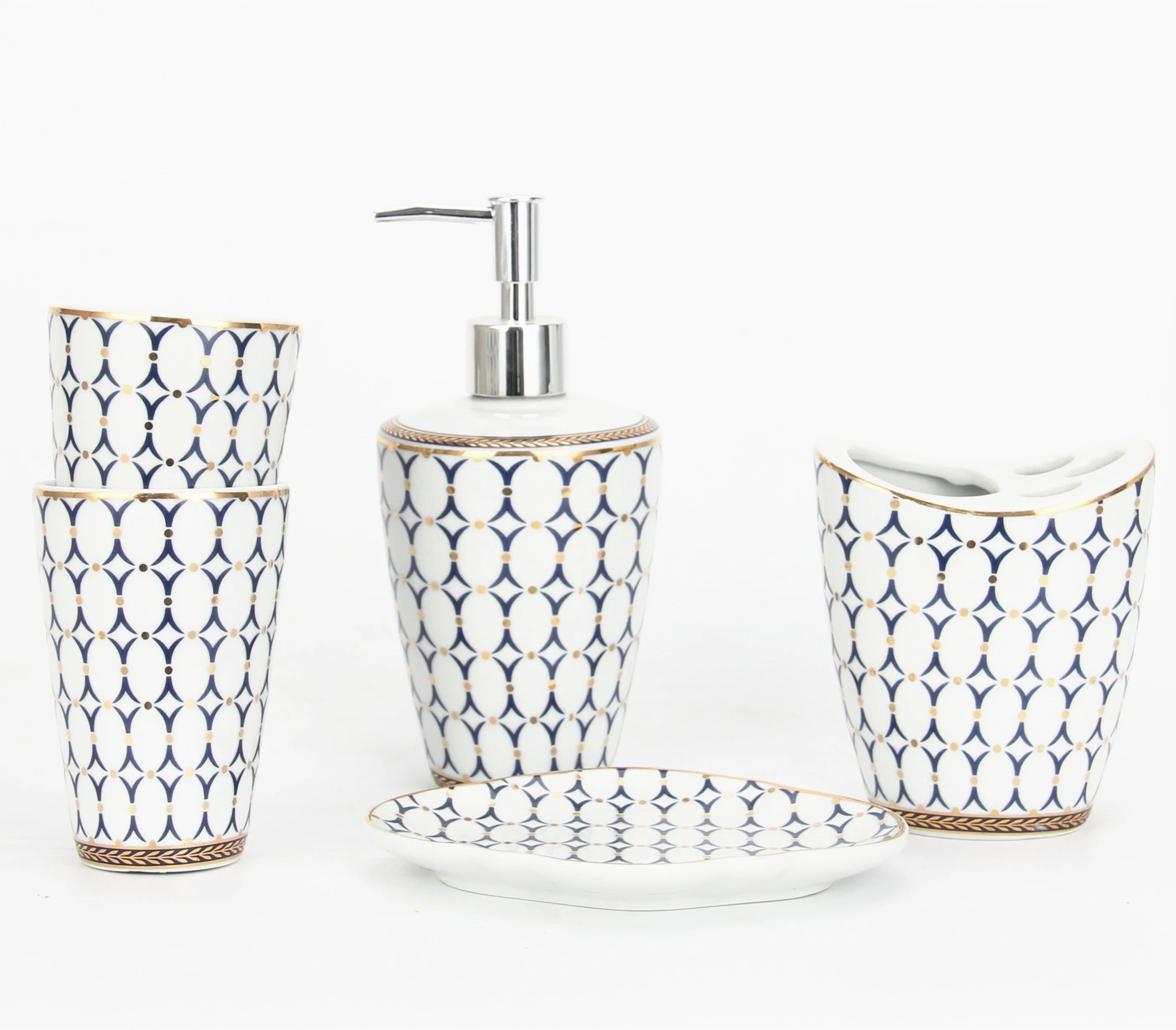Br018 Fancy Porcelain Toothbrush Holder Lotion Bottle Soap Dish Set 5 PCS Modern Ceramic Bathroom Accessories for Hotel