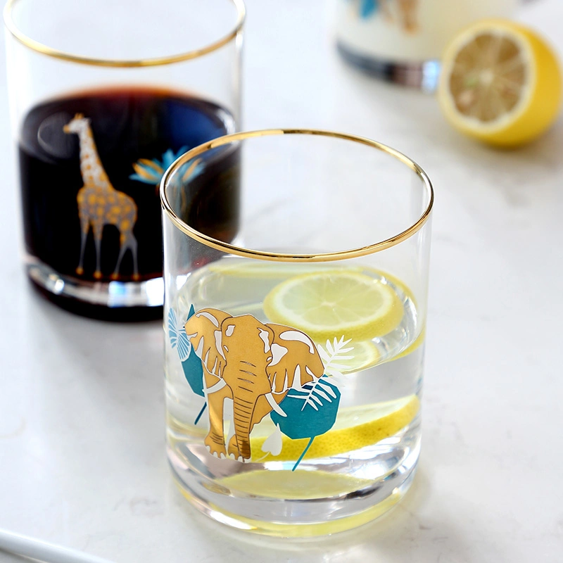 13.5oz Gift Promotion Golden Rimmed Animal Design Printing Decal Water Glass Cup Juice Tumbler with Gold Rim Handmade Glassware