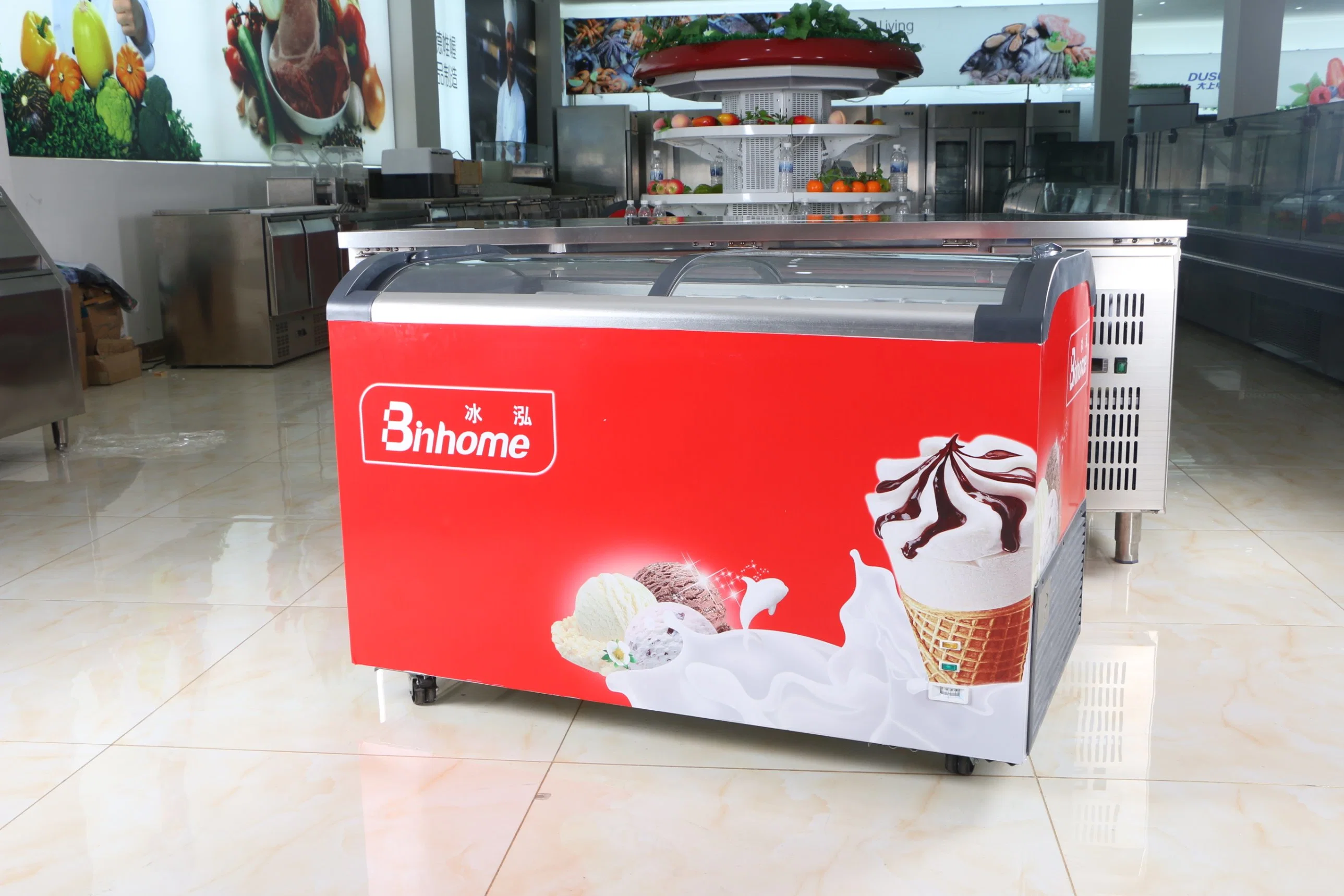 Commercial Supermarket Fridge Ice Cream Sliding Curved Glass Door Displayer/ Chest Freezer