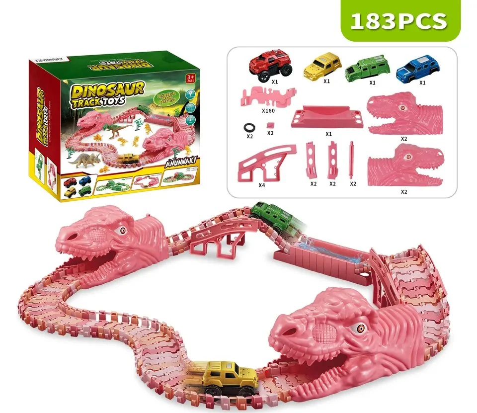 Ferrocarril de bricolaje de carreras de pista de carreras de coche eléctrico de dinosaurio juguete educativo para niños