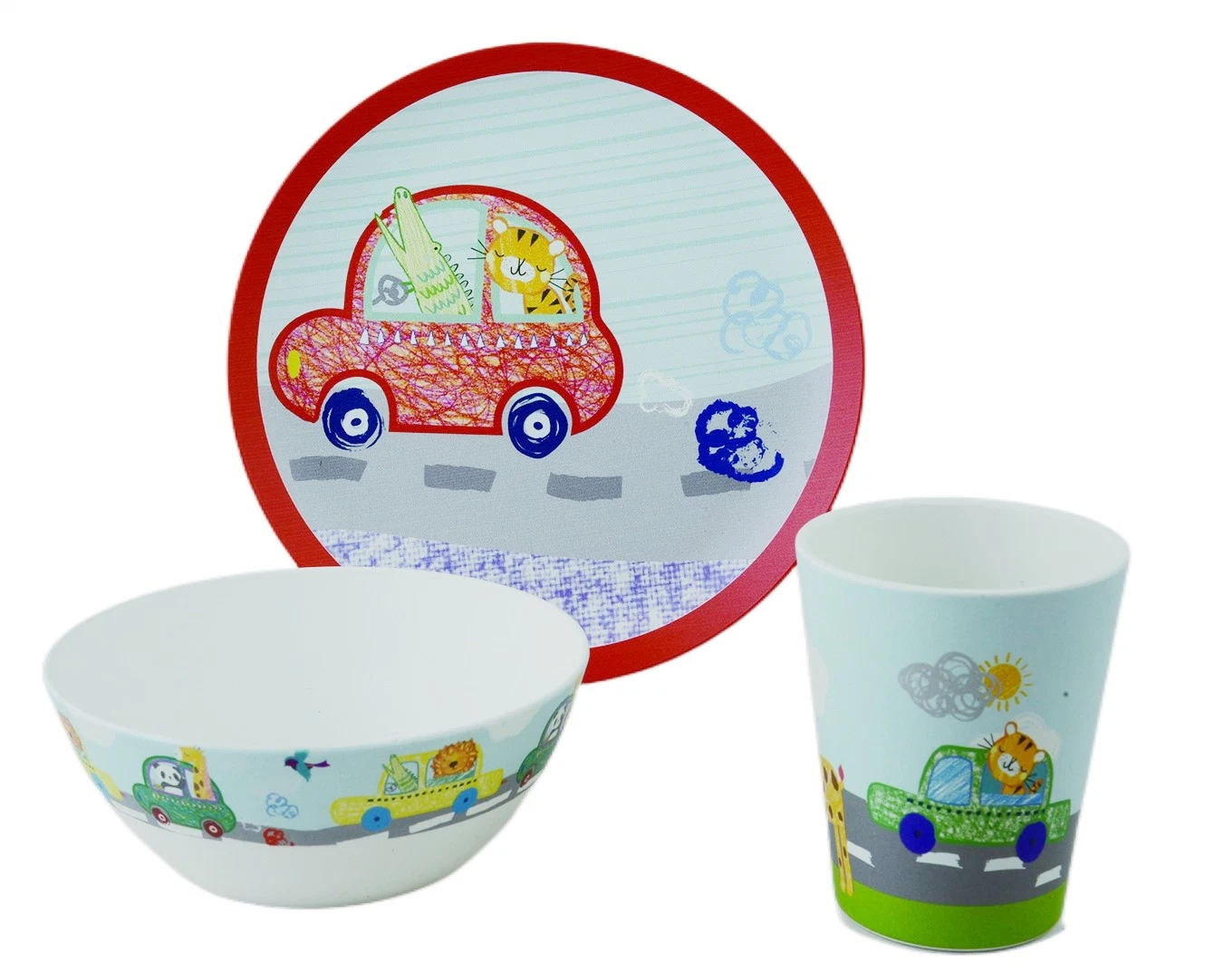 Eco Friendly Nature Plant Material Reusable Cartoon Design PLA Kids Dinnerware Set Kids Feeding Wares with Plate Mug Bowl Food Safe Melamine Free