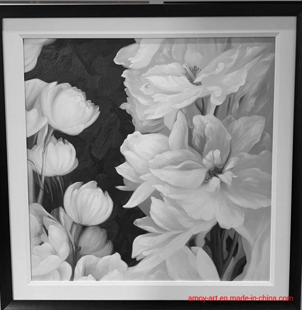 Enmarcado Flor realista Pintura al Óleo en efecto blanco y negro