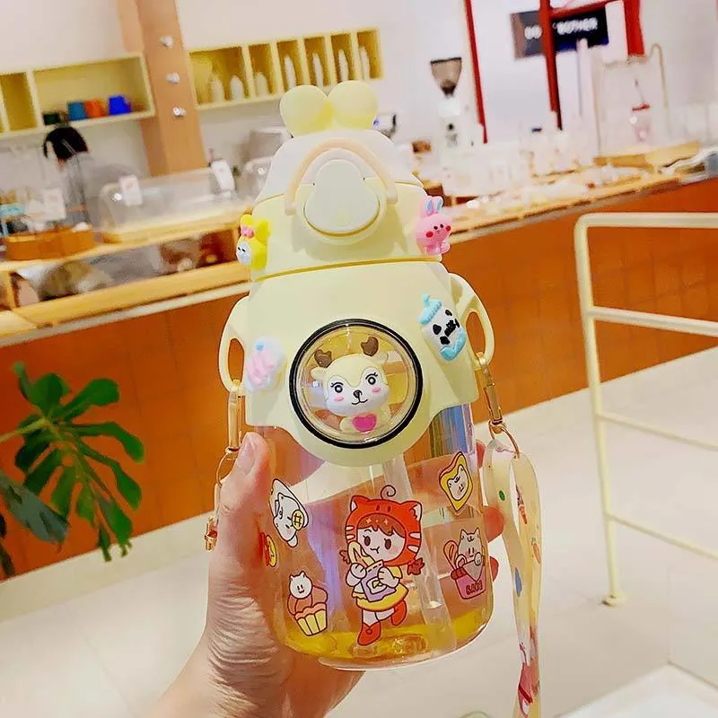 Portable Outdoor Travel School Cartoon Baby Kids Water Bottle with Straw