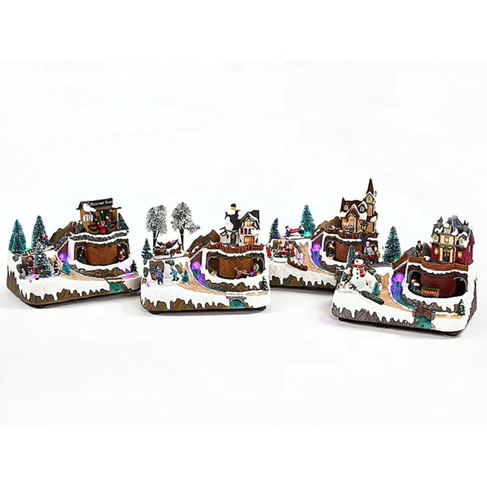 Resin Musical Christmas Village Houses with Santa and Snow Scene Ornament