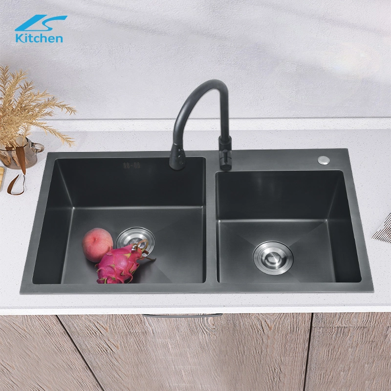 Fashion Topmount 304 Stainless Steel Handmade Black Double Bowl Kitchen Sink