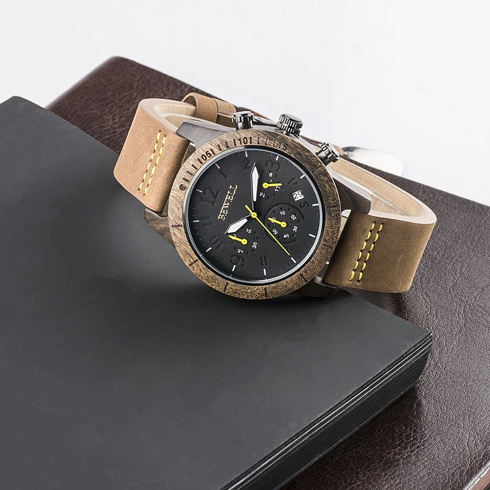 Bewell ver hombres Muñeca de Madera 41mm Japón Vd53 Movt Sándalo negro reloj cronógrafo de cuero Fastrack Reloj para hombres