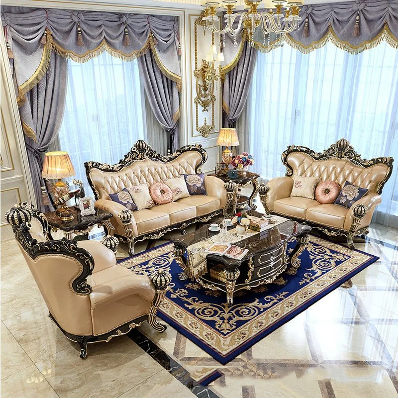 Living Room Furniture Wood Carved Luxury Sofa Set with Coffee Table and TV Stand in Optional Couch Seat and Furnitures Color