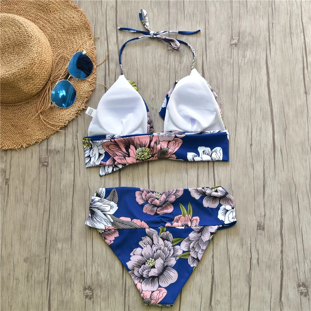 2023 Designer Beautiful Floral Print Bikini 2 Pieces Swimsuit Tie Front Halter Swimwear Amazing Ruffle Beachwear