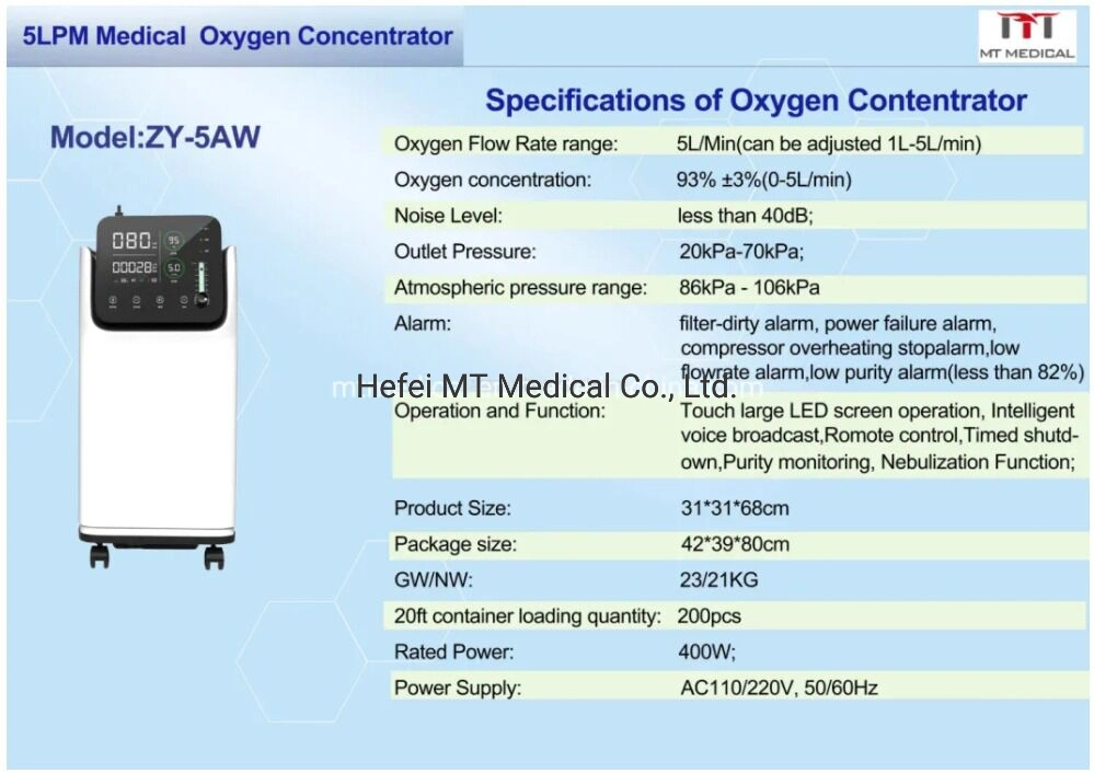 Mt Medical 5L de equipamento médico de cuidados domiciliares portátil nebulizador gerador de oxigênio Concentrador para o Hospital