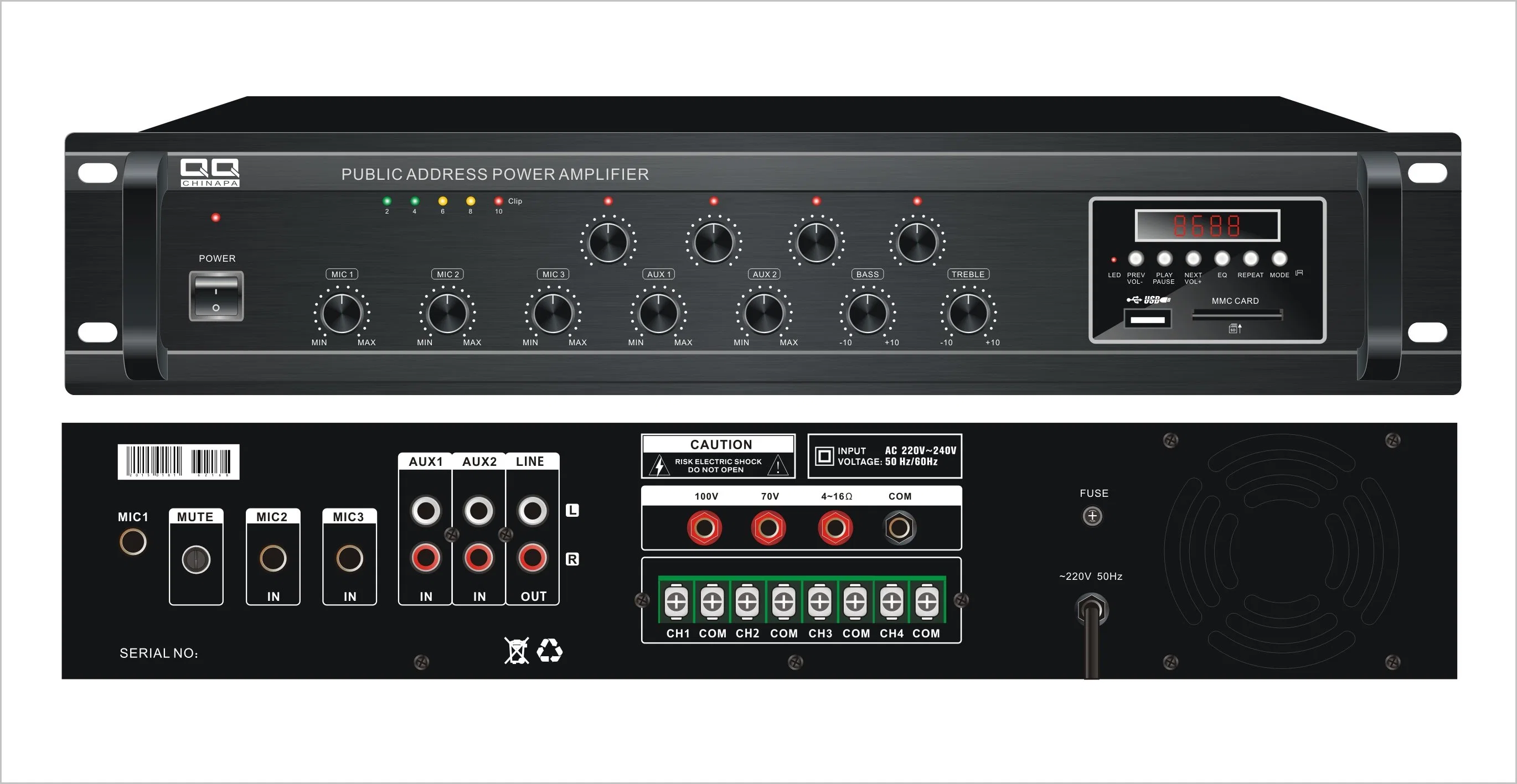 Amplificateur de diffusion publique de vente chaude 100W avec USB/MMC/FM/4zone /bluetooth/Fonction de contrôle du volume individuel