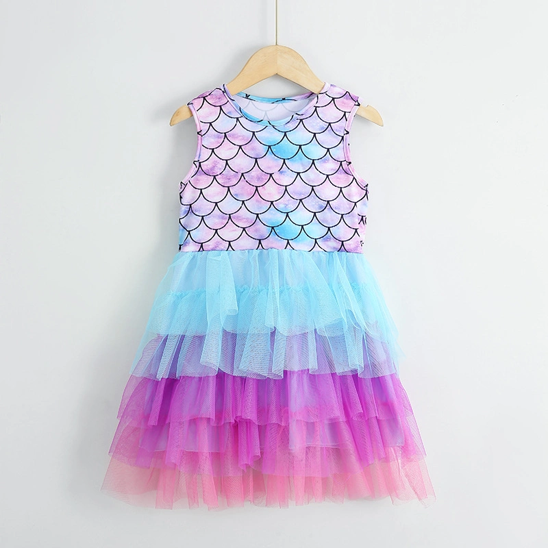 Girls Dress Elsa Mermaid Pommel Skirt Princess Skirt Gradient Scales Gauze Skirt Tutu Cake Skirt