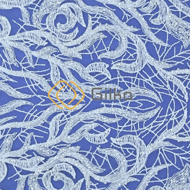 Fashion Style Design Pure White Beaded Embroidery Lace Fabrics for Wedding Dresses