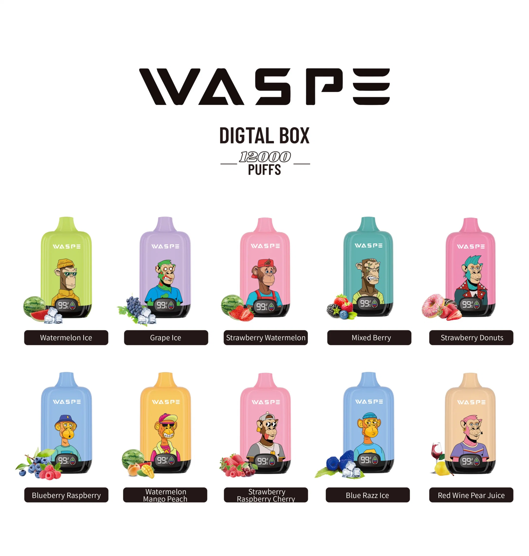 Waspe Original 12000puffs Vape jetable Big puffs Bar 20 ml liquide E-cigarette avec écran LCD