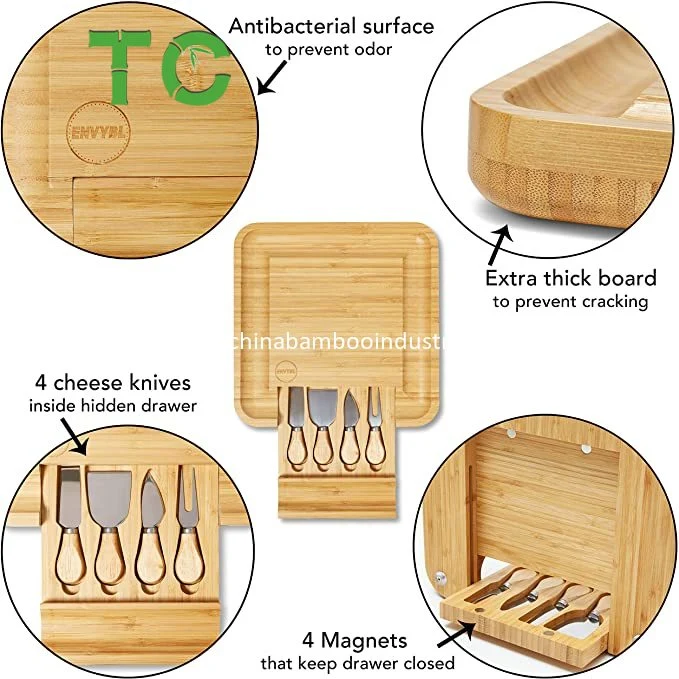 Natural Bamboo Cheese Board & Cutlery Set with Slide-out Drawer and Knife