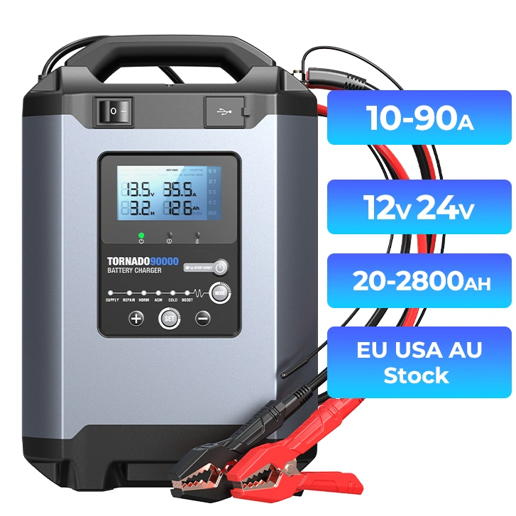 مصنع توبدون مصنعي المعدات الأصلية (OEM) تورنادو 90000 T90A بجهد 12 فولت وقدرة 90 أمبير شاحنة تلقائية قوية تعمل بالطاقة تعمل بمصرف طاقة البطارية الحمضية متعددة الوظائف 20-2800ah شاحن البطارية الذكي للسيارة
